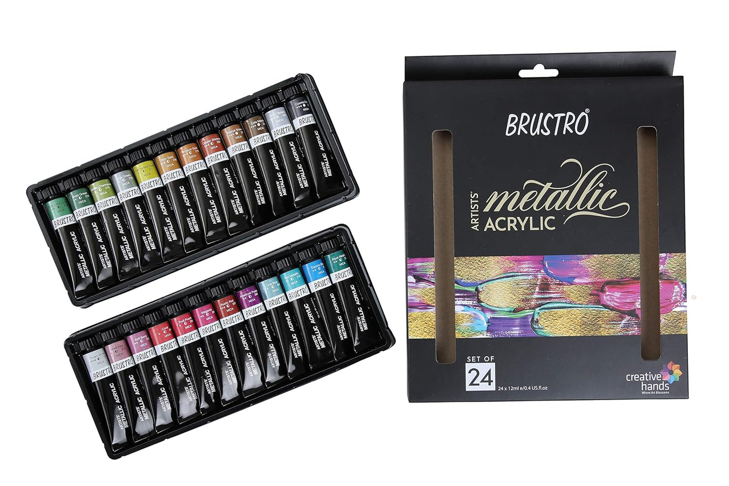 Brustro metallic acrylic paint set with packaging on a white background