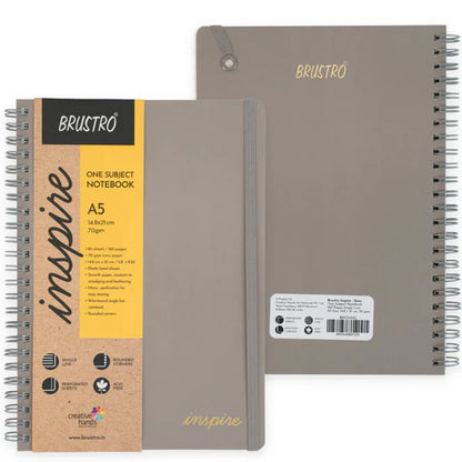 Two Brustro notebooks, one with a brown cover and the other with a gray cover, on a white background.