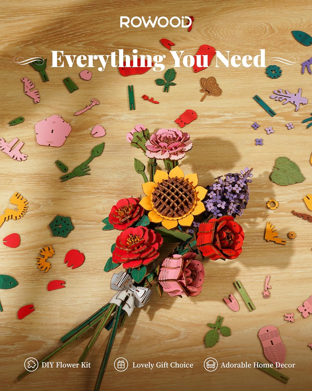 Floral craft kit with decorative elements on a wooden surface, featuring the brand 'ROWOOD'.