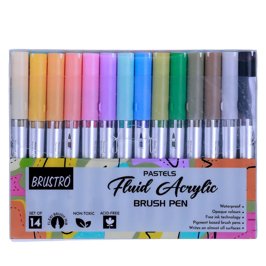 Set of Brustro pastels fluid acrylic brush pens with colorful packaging on a white background