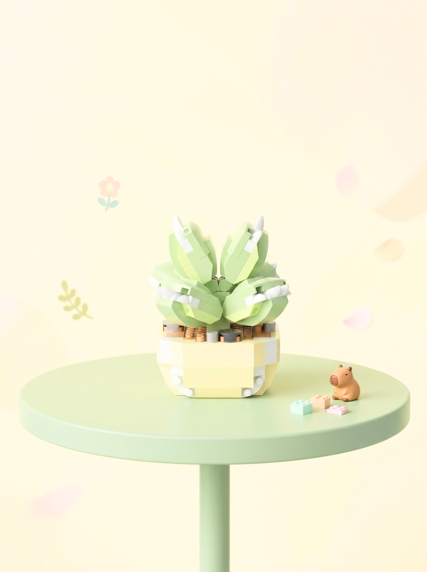 Small potted plant on a round green table with a light yellow background