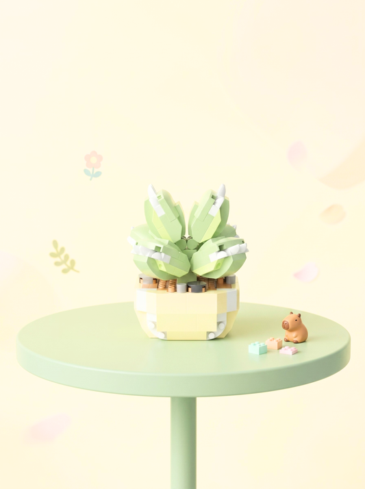 Small potted plant on a round green table with a light yellow background