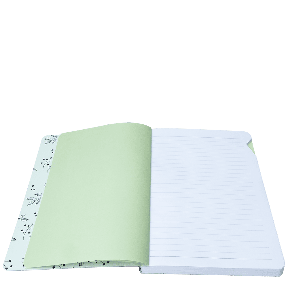 Open notebook with green and white pages on a transparent background
