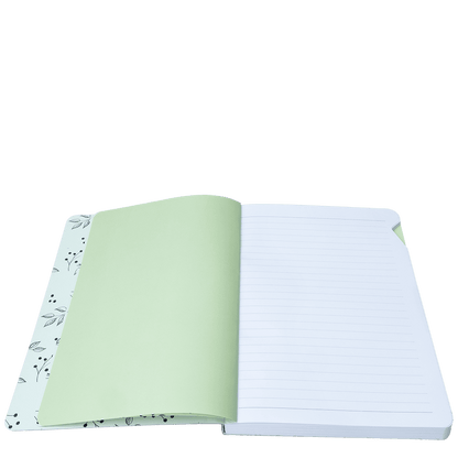 Open notebook with green and white pages on a transparent background