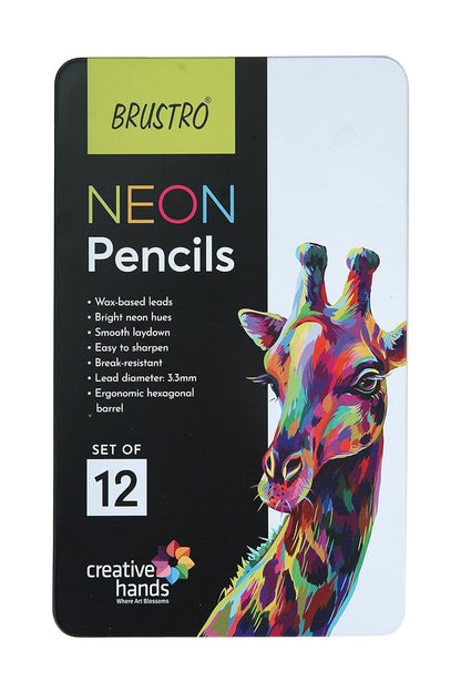 Brustro Neon Pencils packaging with a colorful giraffe illustration on a white background