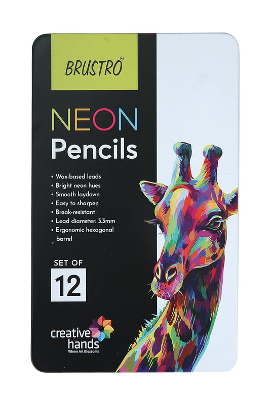 Brustro Neon Pencils packaging with a colorful giraffe illustration on a white background