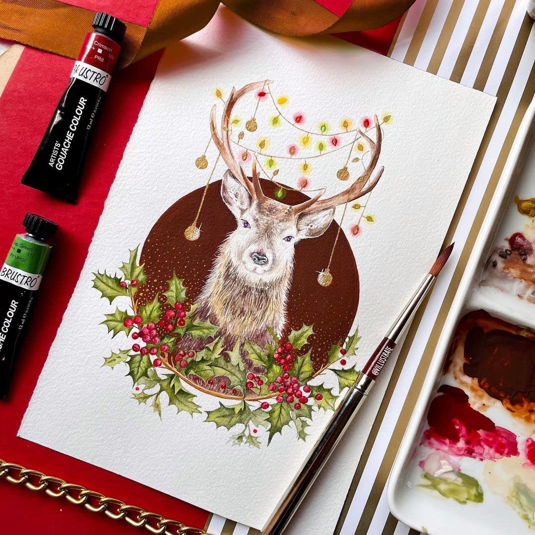 Artistic illustration of a deer with antlers decorated with lights on a piece of paper, surrounded by art supplies.