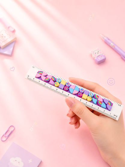 Hand holding a colorful ruler with heart designs on a pink background