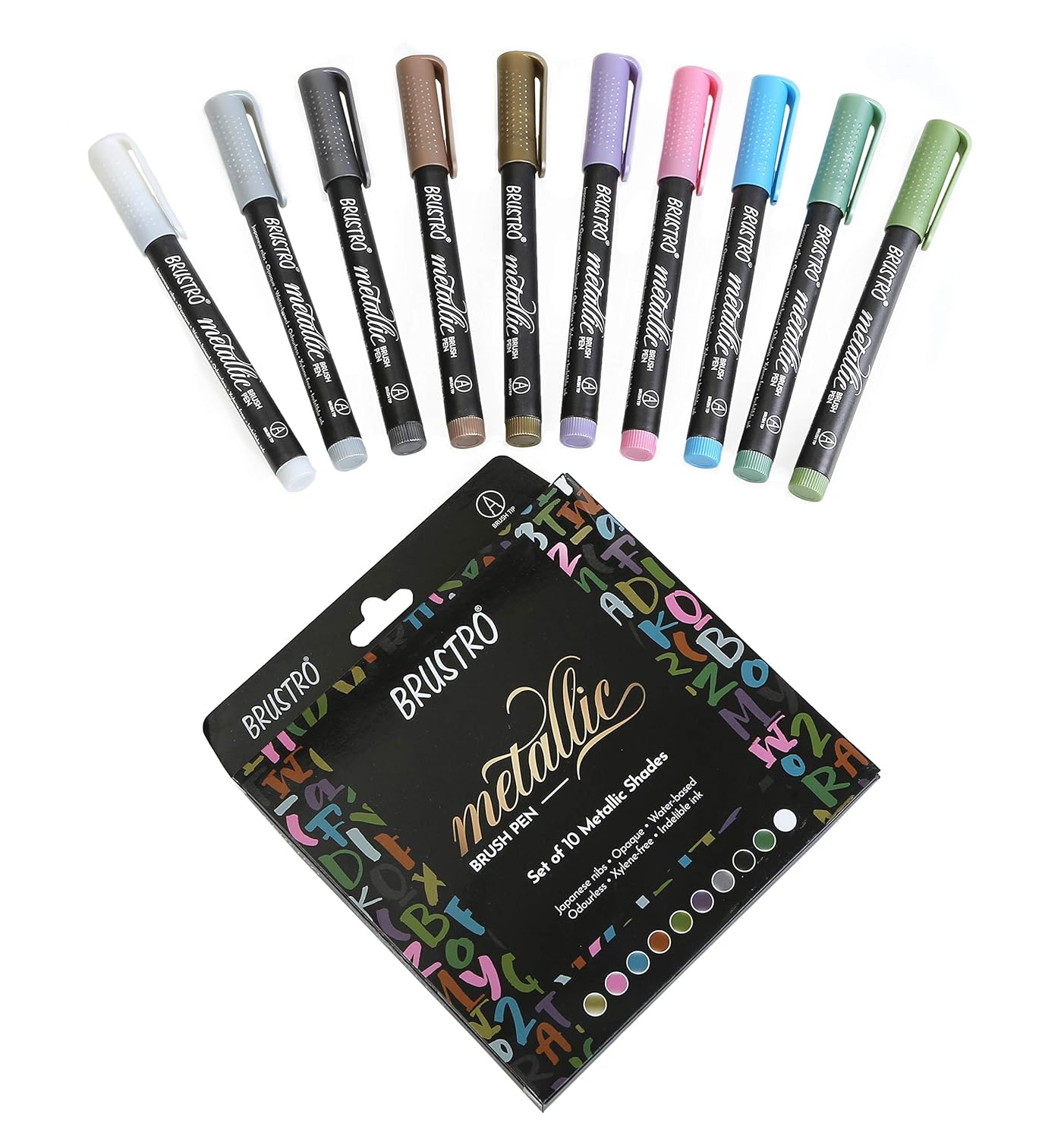 Set of metallic markers with packaging on a white background