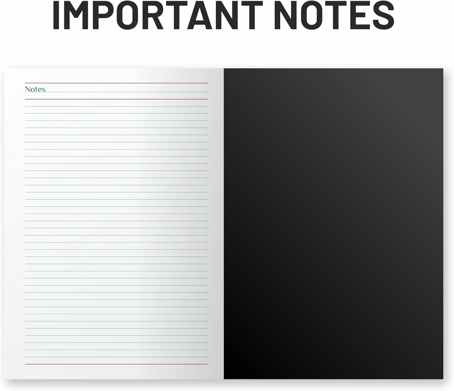 Notebook with lined pages on the left and a blank black page on the right, with 'Important Notes' text above.