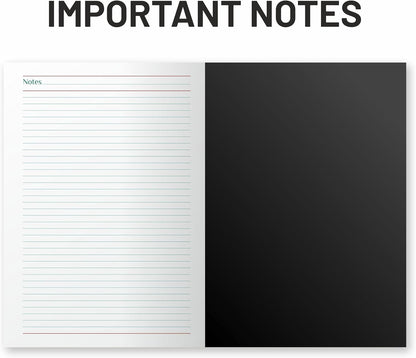 Notebook with lined pages on the left and a blank black page on the right, with 'Important Notes' text above.