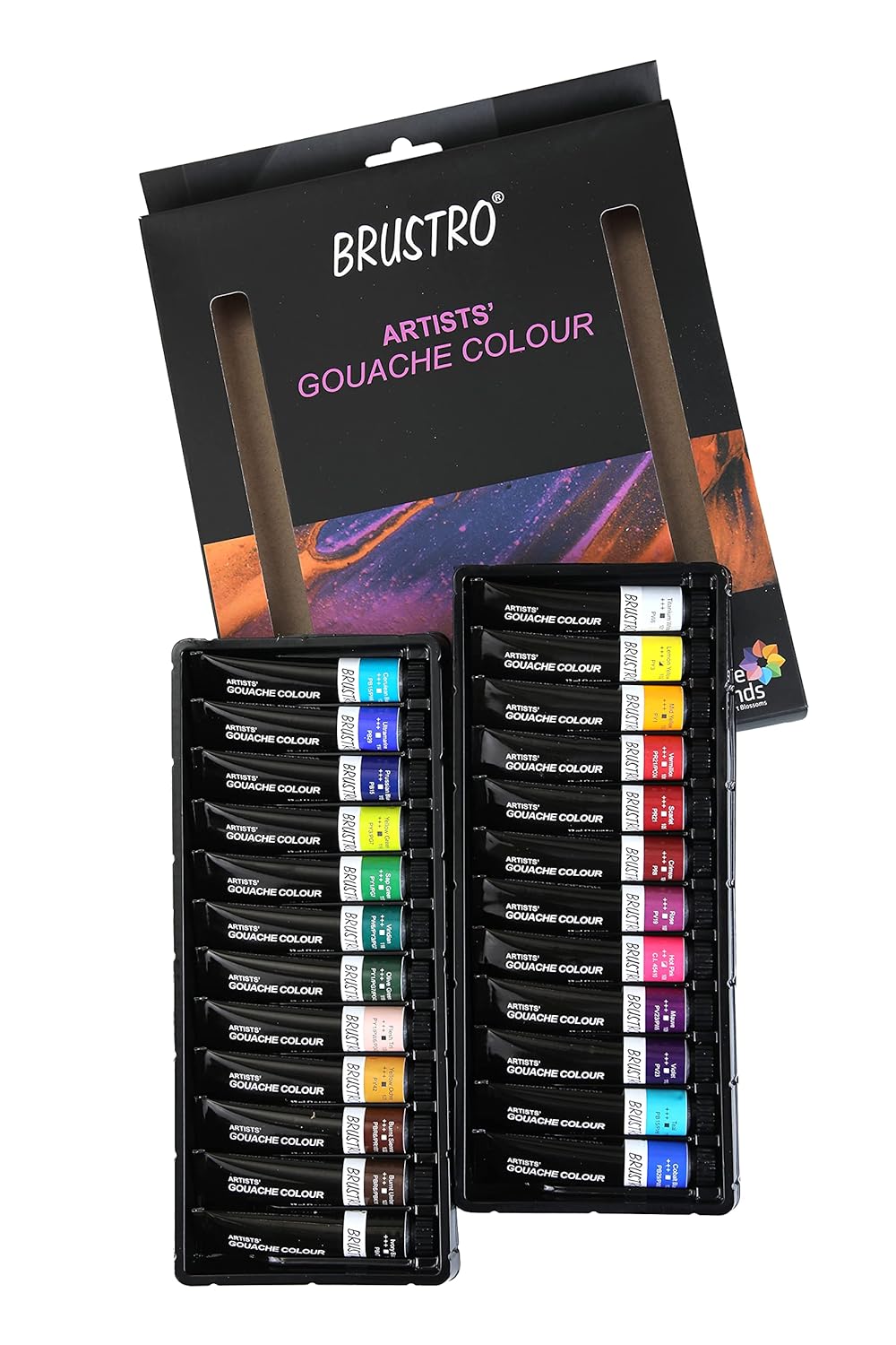 Brustro Artists' Gouache Colour set with packaging on a white background