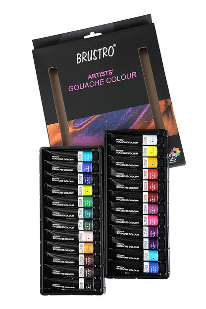 Brustro Artists' Gouache Colour set with packaging on a white background