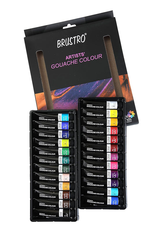 Brustro Artists' Gouache Colour set with packaging on a white background