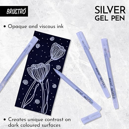 Silver gel pen with a black paper featuring white floral designs on a textured white background.