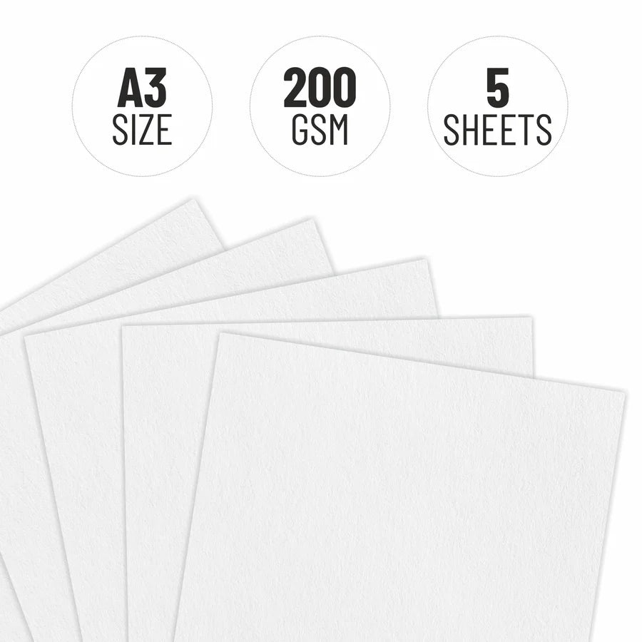 Five sheets of A3 size paper with 200 GSM weight on a white background.