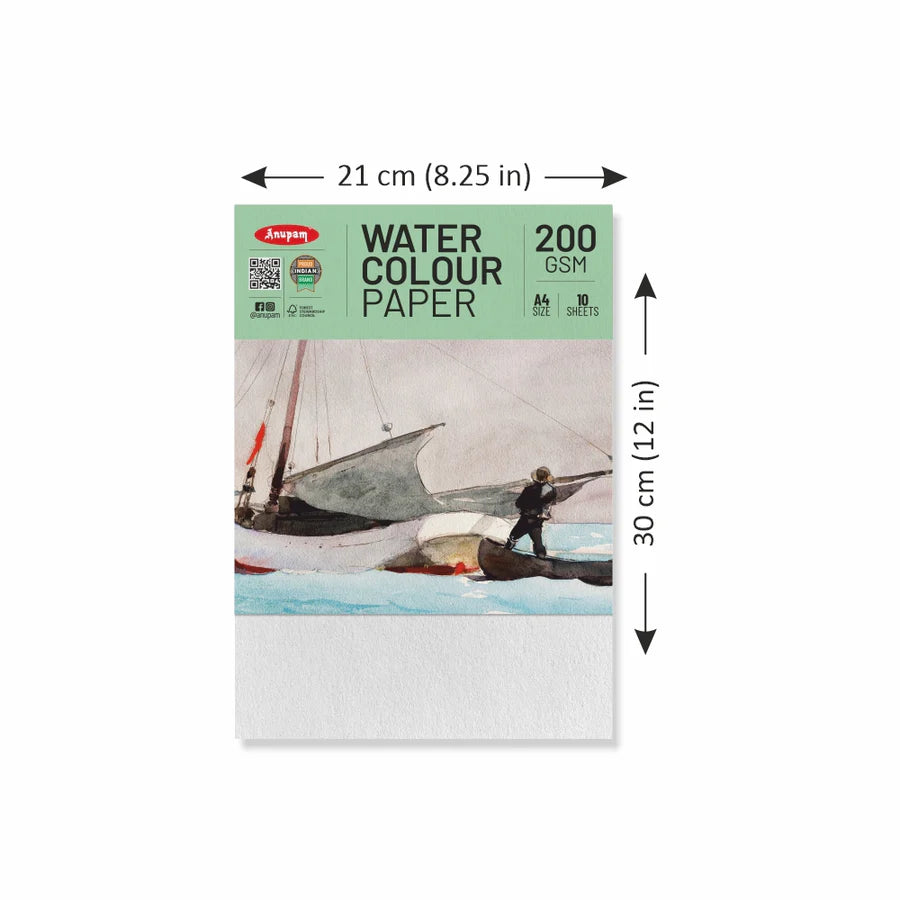 Watercolor paper pack with dimensions and brand label on a white background