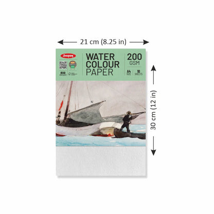 Watercolor paper pack with dimensions and brand label on a white background