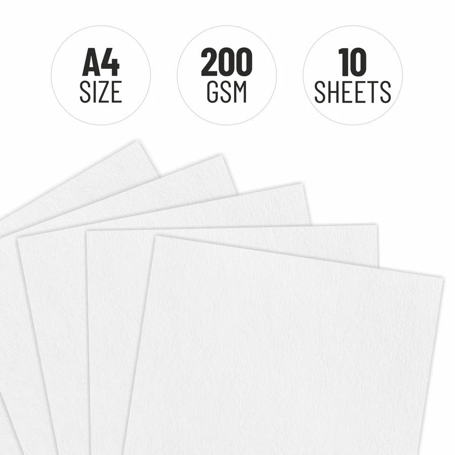 White A4 size paper sheets with text indicating 200 GSM and 10 sheets on a white background.
