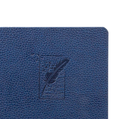 Close-up of a blue leather notebook with an embossed feather design on a white background