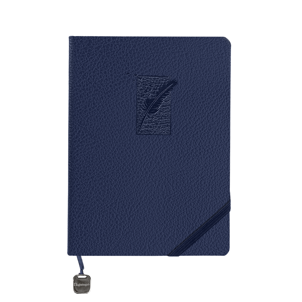 Blue notebook with a textured cover and a visible brand logo on a white background