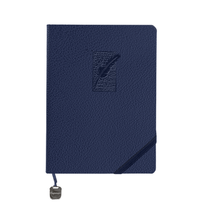Blue notebook with a textured cover and a visible brand logo on a white background