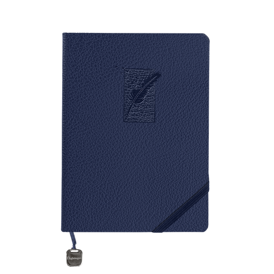 Blue notebook with a textured cover and a visible brand logo on a white background