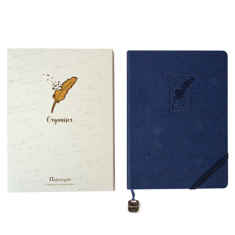 Blue notebook with feather design and beige cover with feather illustration on a white background