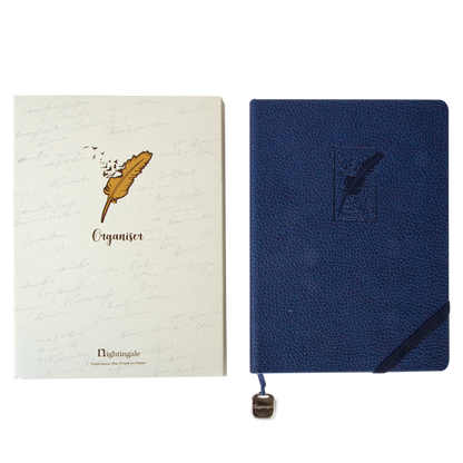 Blue notebook with feather design and beige cover with feather illustration on a white background