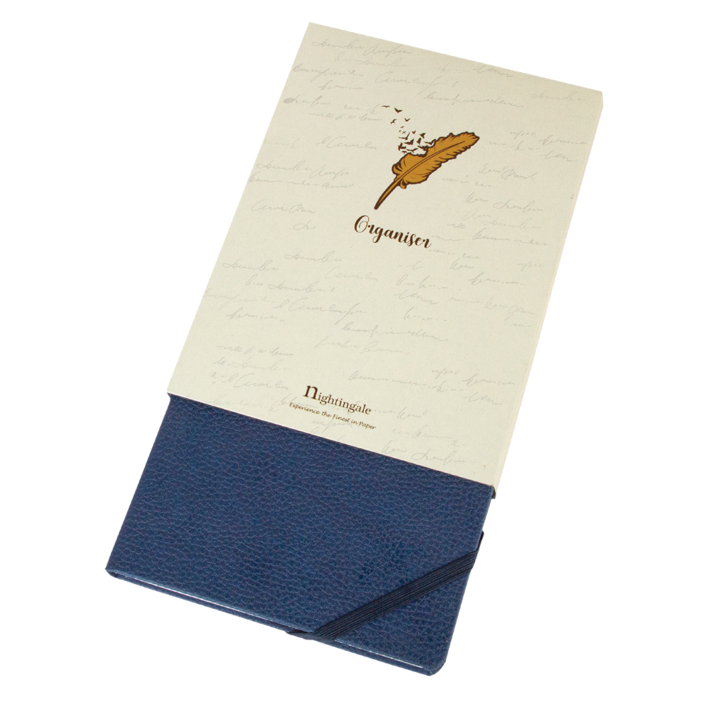 Notebook with blue cover and cream cover featuring a feather and 'Organiser' text on a white background