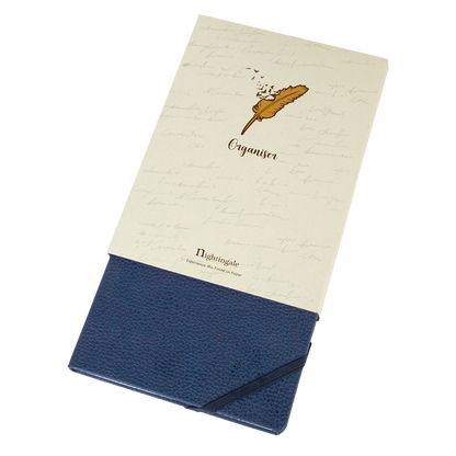 Notebook with blue cover and cream cover featuring a feather and 'Organiser' text on a white background