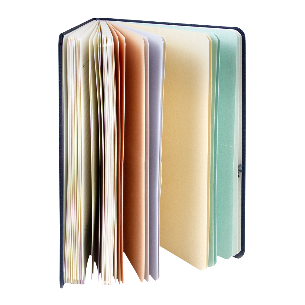 Open notebook with colorful pages on a white background
