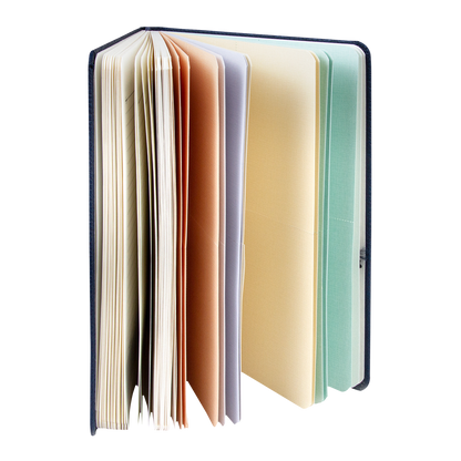 Open notebook with colorful pages on a white background