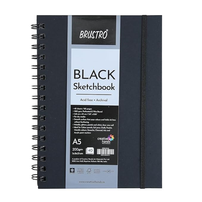 Brustro Black Sketchbook | Wiro Bound |200GSM |A4 |A5|6X6