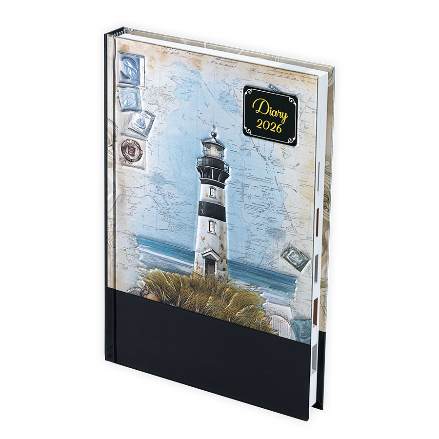 Diary with lighthouse design on the cover, featuring the year 2026.