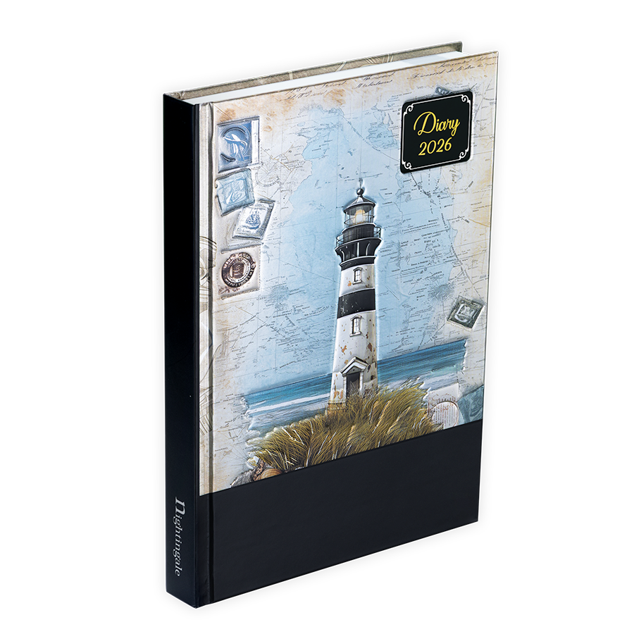 Diary with lighthouse design on the cover, featuring a map and postage stamp illustrations.
