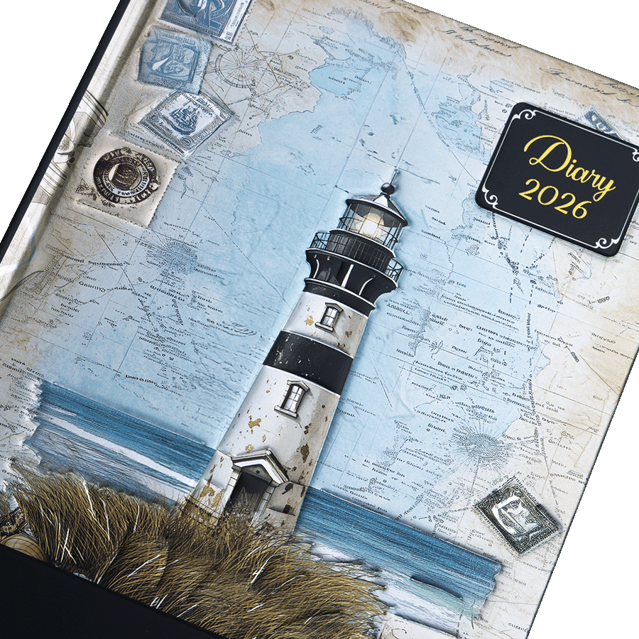 Diary cover with lighthouse design and 'Diary 2026' text on a map background