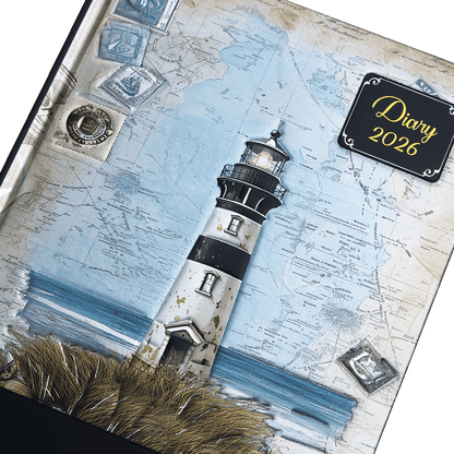 Diary cover with lighthouse design and 'Diary 2026' text on a map background
