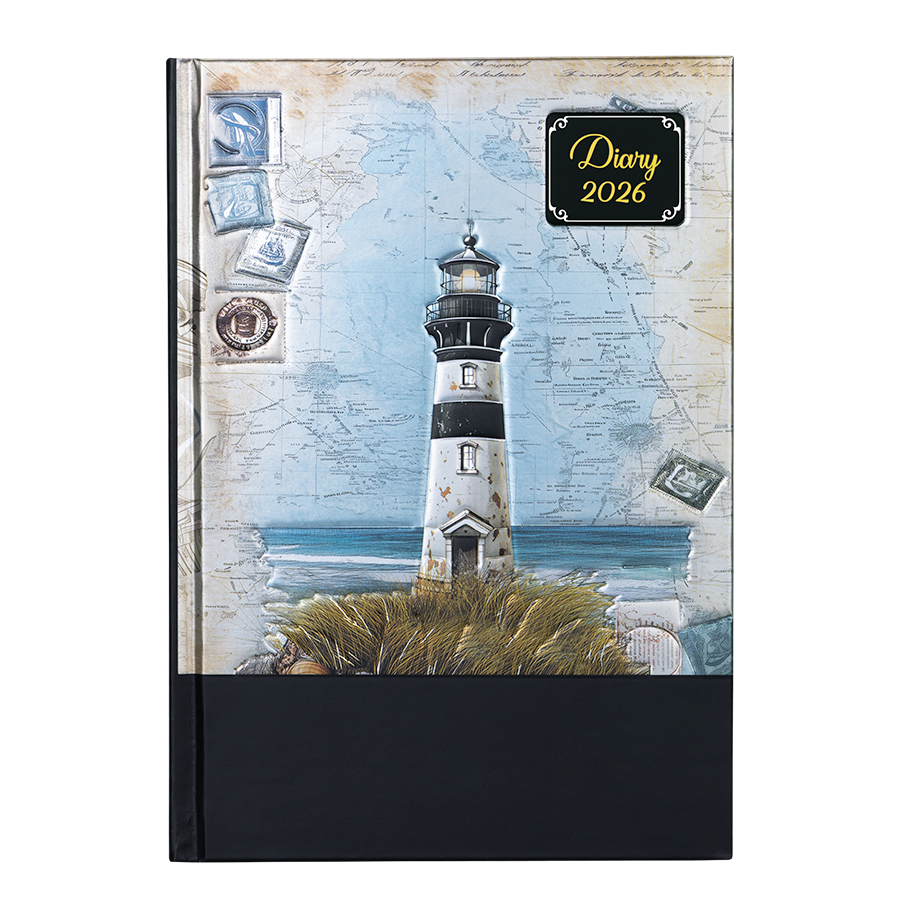 Diary with a lighthouse design on the cover, featuring the year 2026.