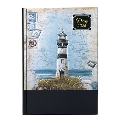 Diary with a lighthouse design on the cover, featuring the year 2026.
