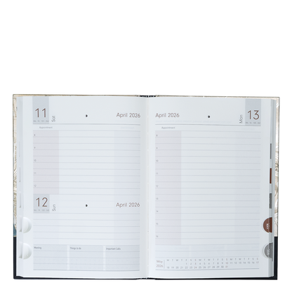 Open planner showing a two-page spread for April 2026 on a white background