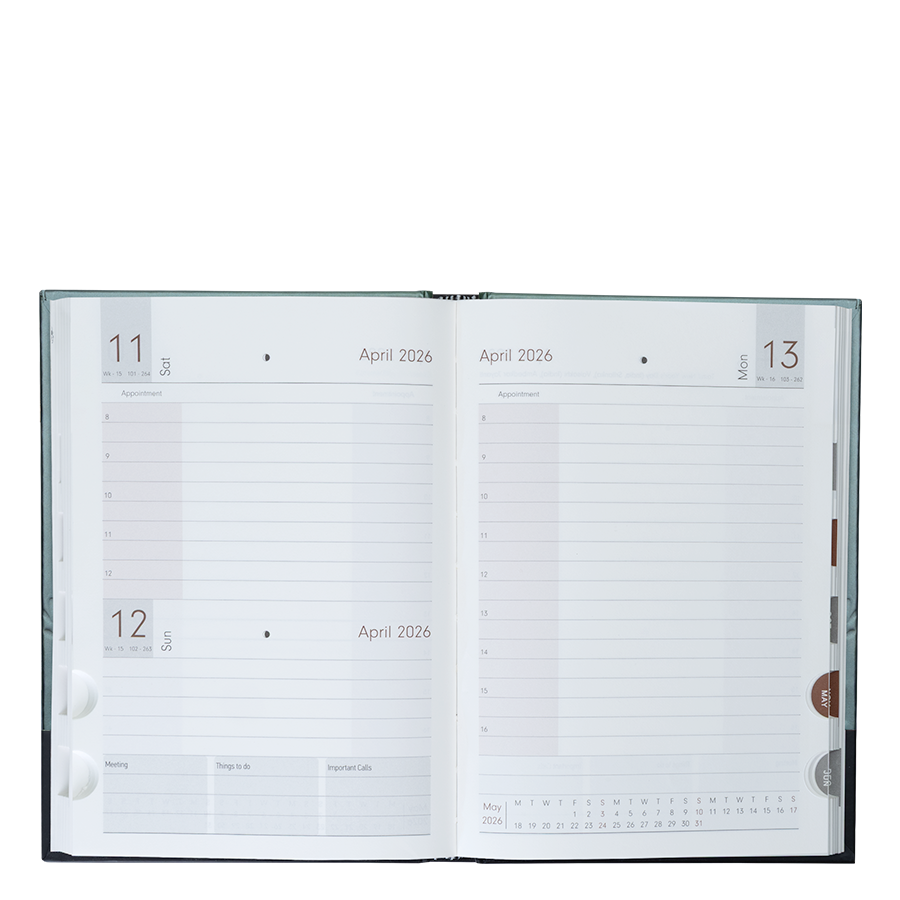 Open planner showing a two-page spread with calendar and notes sections for April 2026.