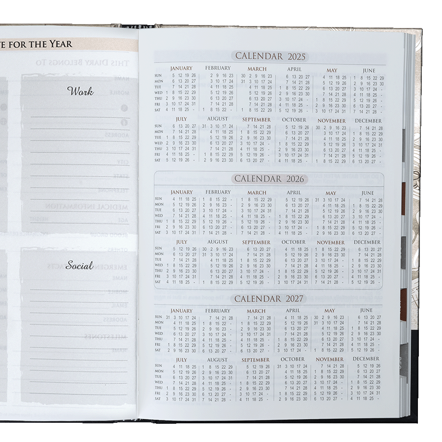 Open planner showing calendar pages for 2025, 2026, and 2027.
