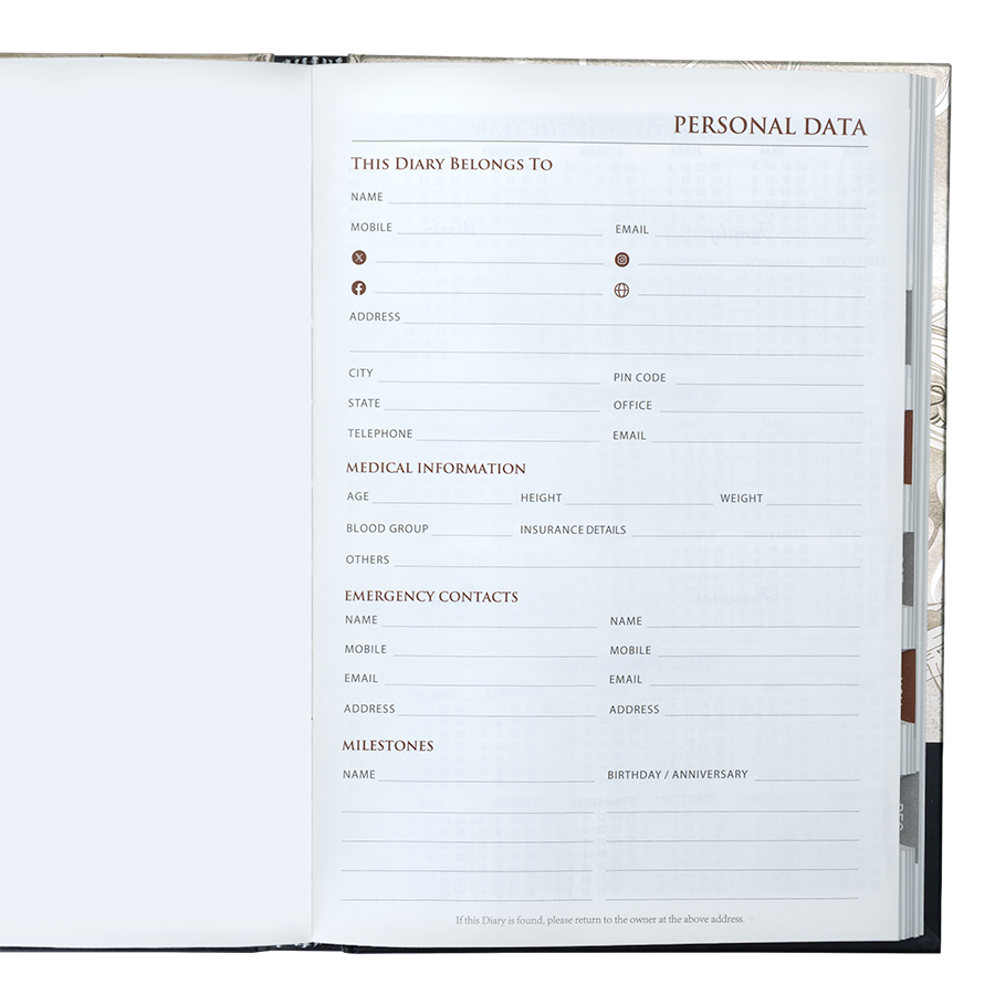 Personal data form inside a diary