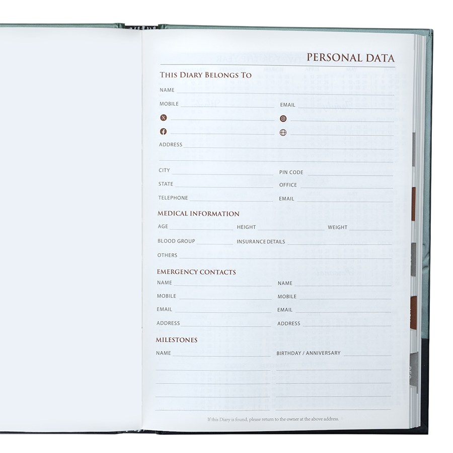 Personal data form inside an open diary