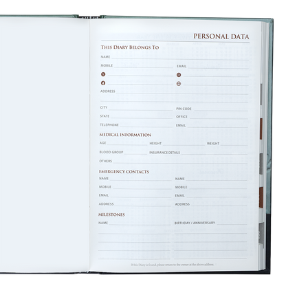 Personal data form inside an open diary