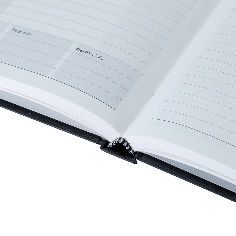 Open notebook with lined pages on a white background