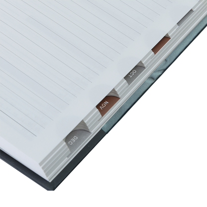 Close-up of a notebook with lined pages on a white background