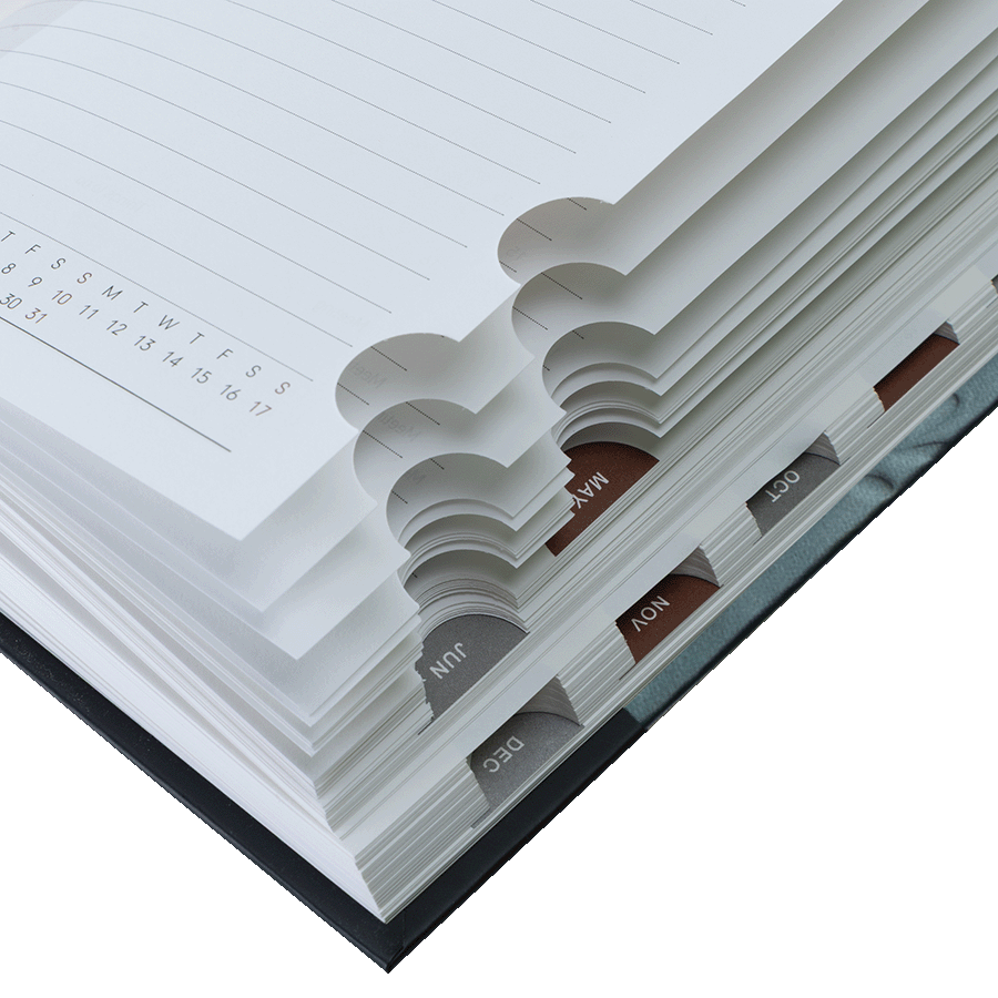 Close-up of a planner with a focus on the date and month layout.