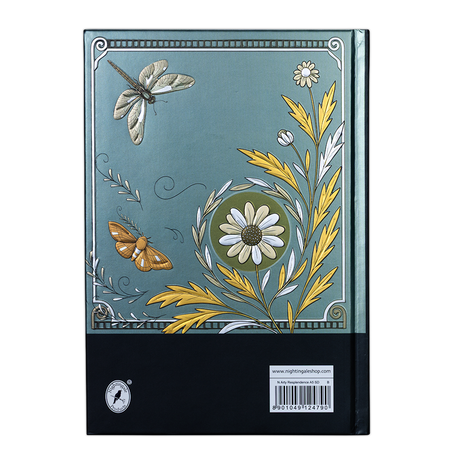 Notebook cover with floral and insect design on a teal background